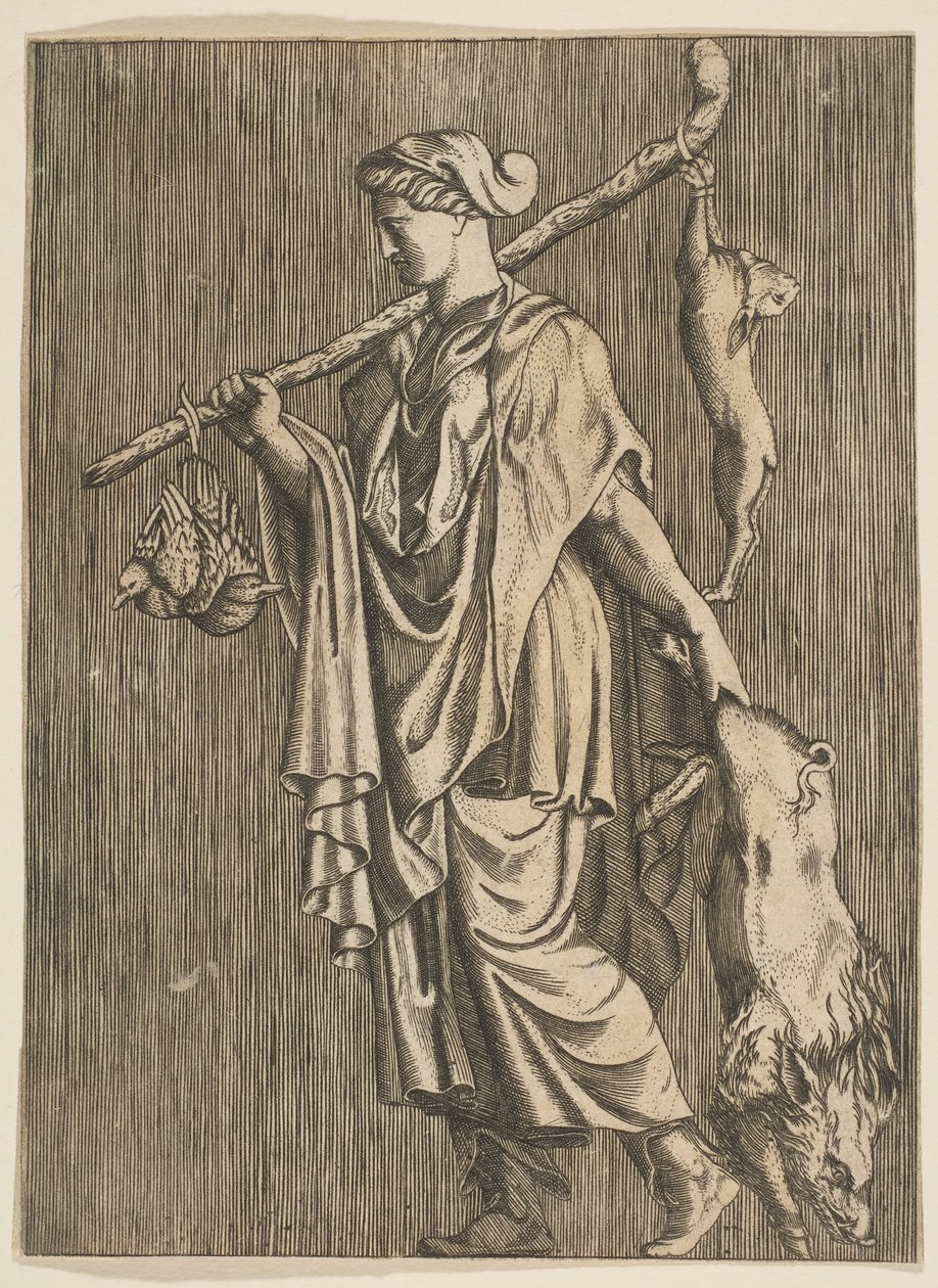 Frau kehrt von der Jagd zurück und trägt einen Eber in ihrer linken Hand und einen Stock in ihrer rechten Hand, ca. 1515-1600 von Unbekannt