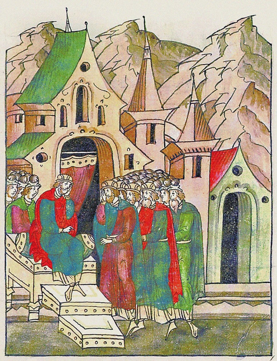 Jaropolk von Kiew ruft seine Brüder zur Versöhnung. Aus der Illuminated Compiled Chronicle, Zweite von Unbekannt