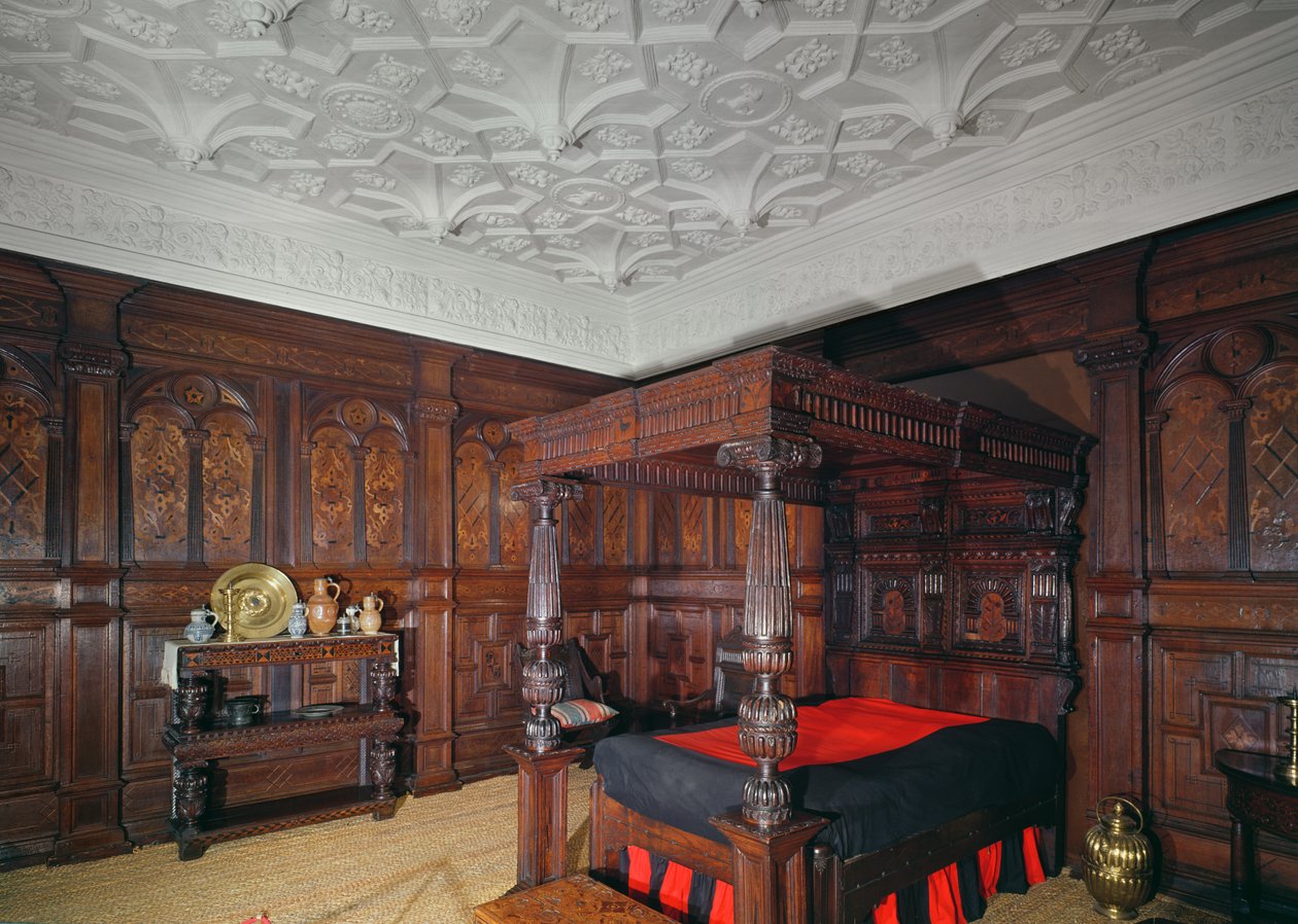 Bett mit eingelegter Dekoration, 1593, aus Corbet Castle, Shrewsbury, Täfelung aus Sizergh Castle, Cumbria von Unbekannt Unbekannt
