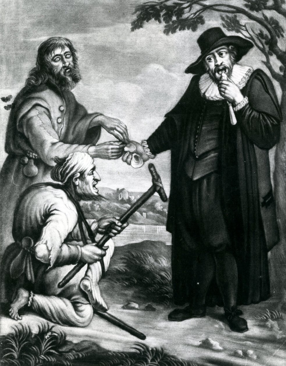 Blinder Kläger, Lahmer Beklagter teilen, Die freundlichen Gesetze unparteiische Fürsorge, Eine Muschel für ihn, eine Muschel für dich, Die Mitte ist die Anwaltsgebühr, ca. 1700-40 von Unbekannt Unbekannt