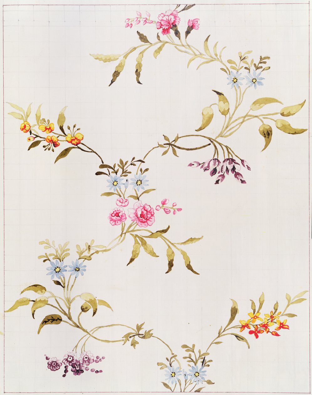 Blumendesign von Nelken und Rosen für ein Seidenmaterial, das in Spitalfields gewebt werden soll, von Anna Maria Garthwaite (1690-1763), 1744 von Unbekannt Unbekannt