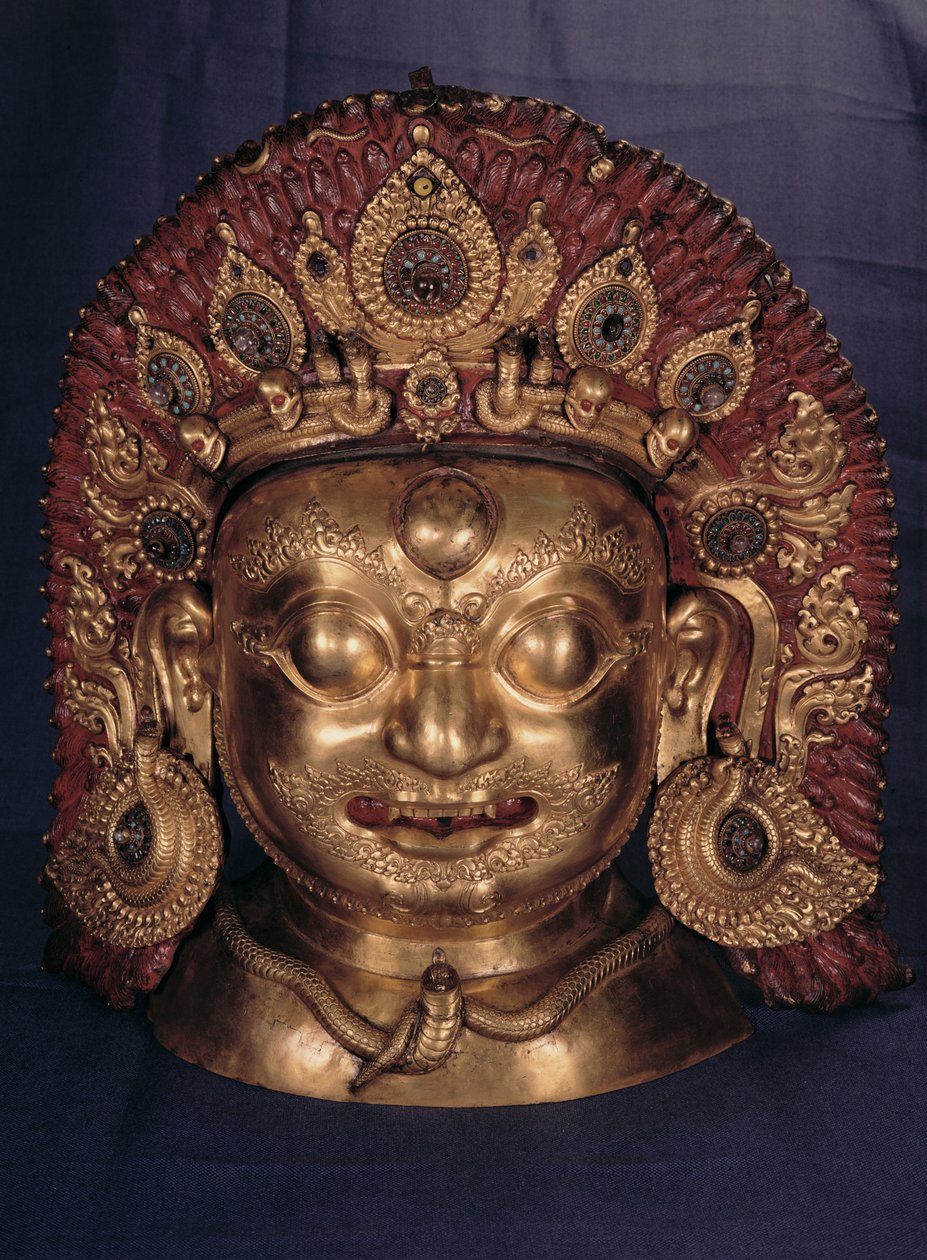 Kopf von Bhairava, spätes 17. Jahrhundert (geprägtes Kupfer, bemalt und vergoldet) von Unbekannt Unbekannt