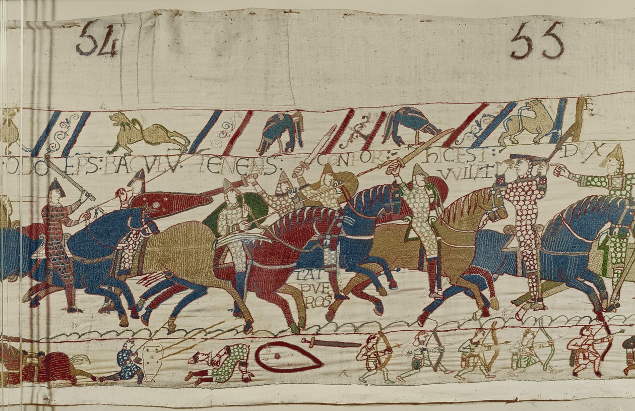 Bischof Odo spornt die jungen Soldaten an, Teppich von Bayeux von Unbekannt Unbekannt
