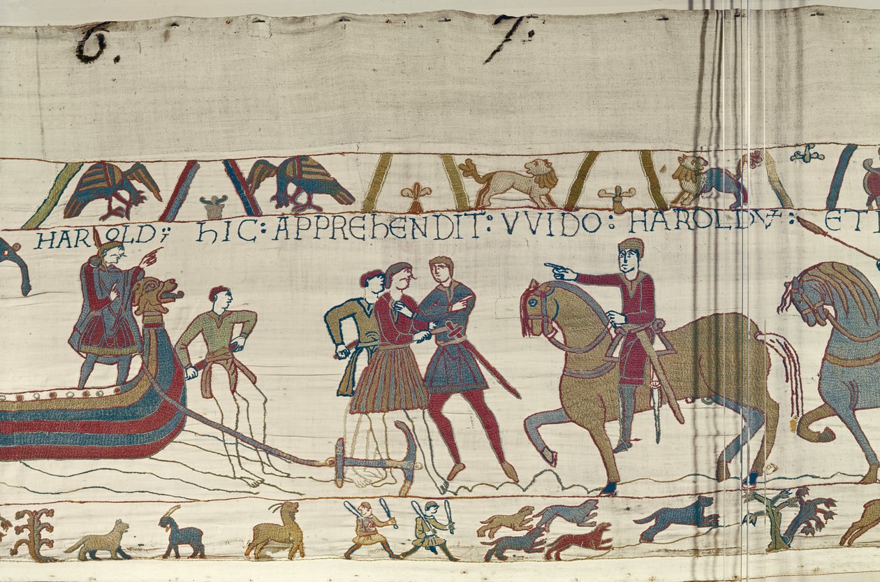 Graf Guy von Ponthieu ergreift Harold bei seiner Landung in der Normandie, Teppich von Bayeux von Unbekannt Unbekannt