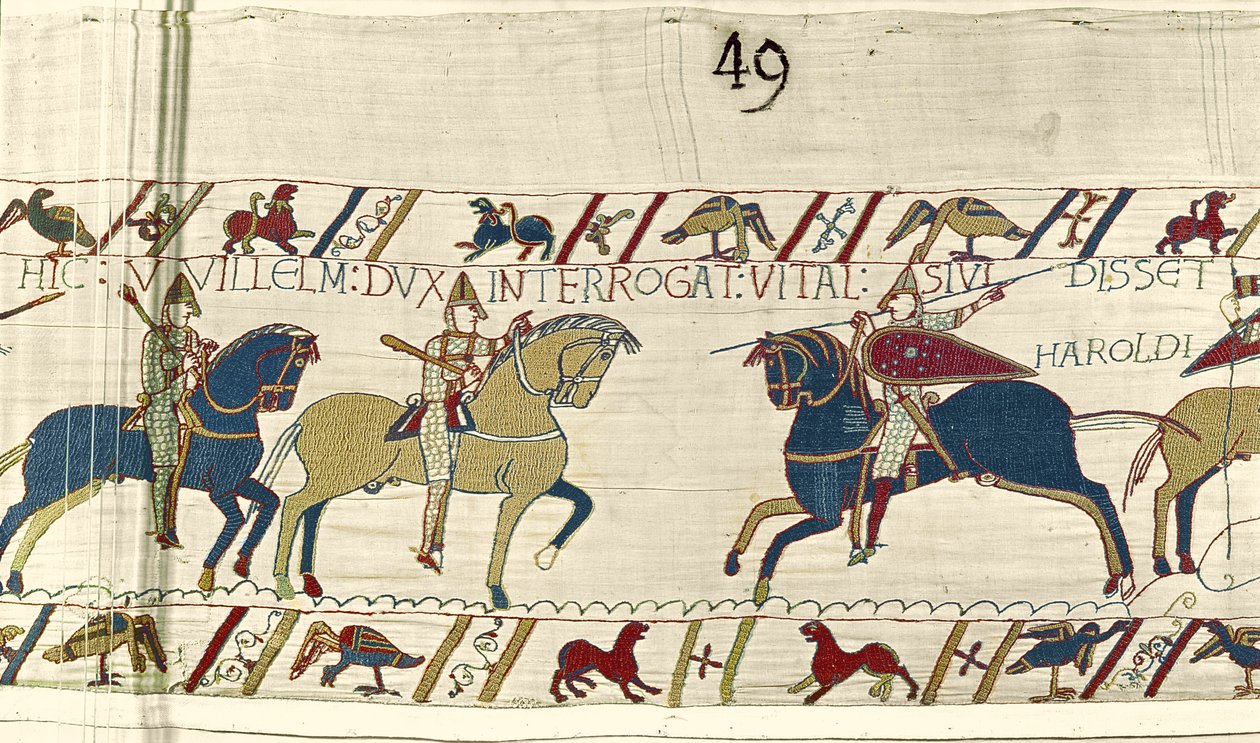 Herzog Wilhelm fragt Vital, ob er Harolds Armee gesehen hat, Teppich von Bayeux von Unbekannt Unbekannt