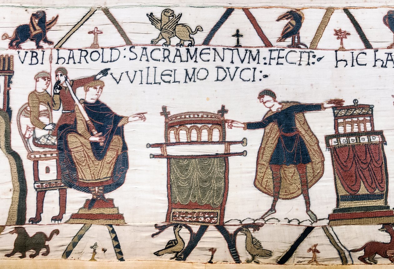 Harold schwört Wilhelm einen heiligen Eid in Bayeux, Bayeux Wandteppich von Unbekannt Unbekannt