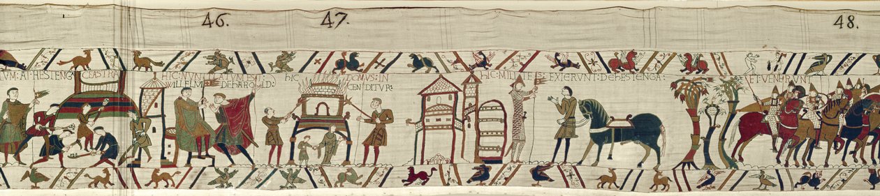 Normannen errichten Befestigungen in Hastings und ziehen in die Schlacht, Bayeux-Tapisserie von Unbekannt Unbekannt