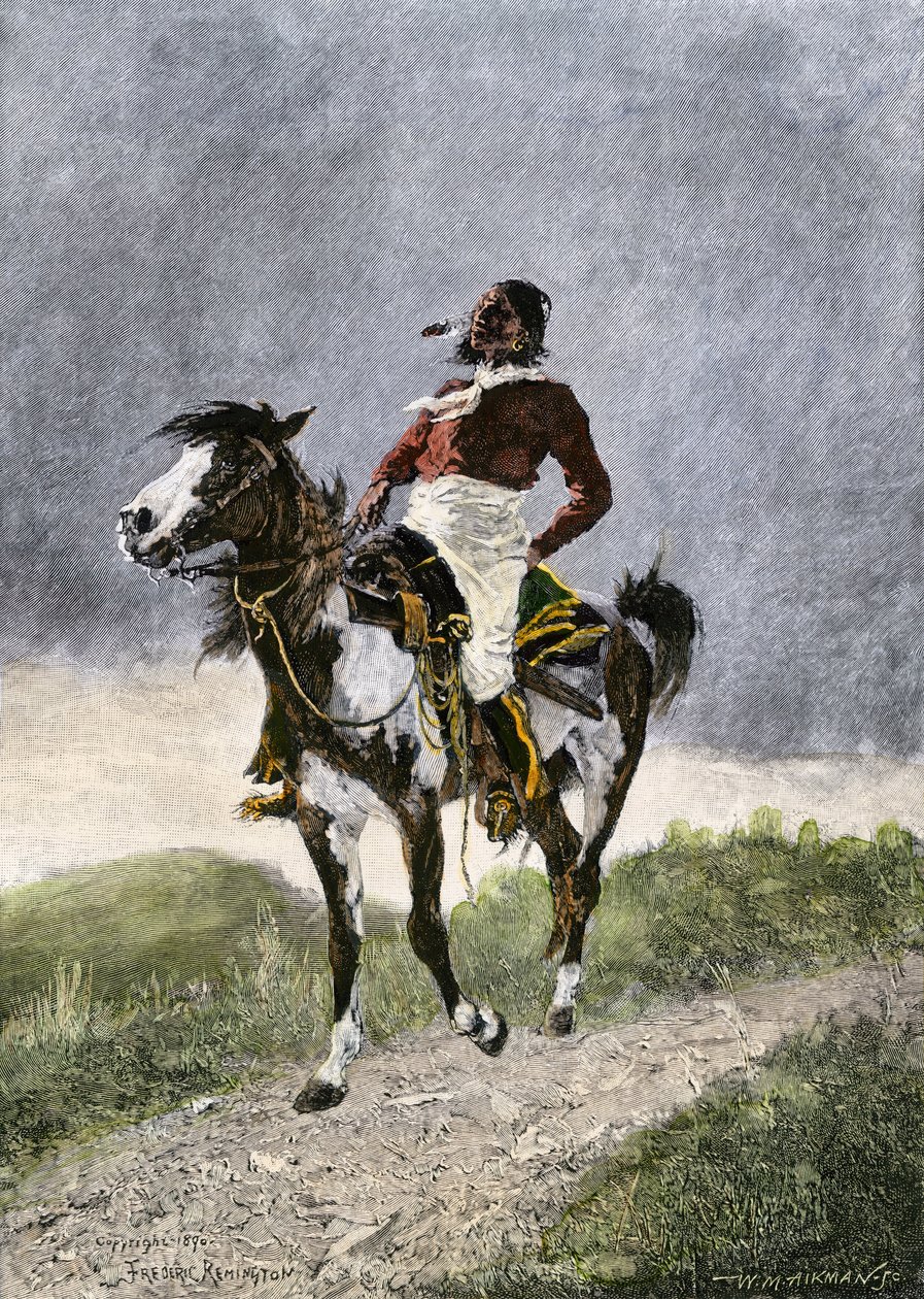 Ein tapferer Comanche, reitet auf einem Pferd in den südlichen Prärien (Texas, Oklahoma, USA), um 1800. Lithographie von Unbekannter Künstler