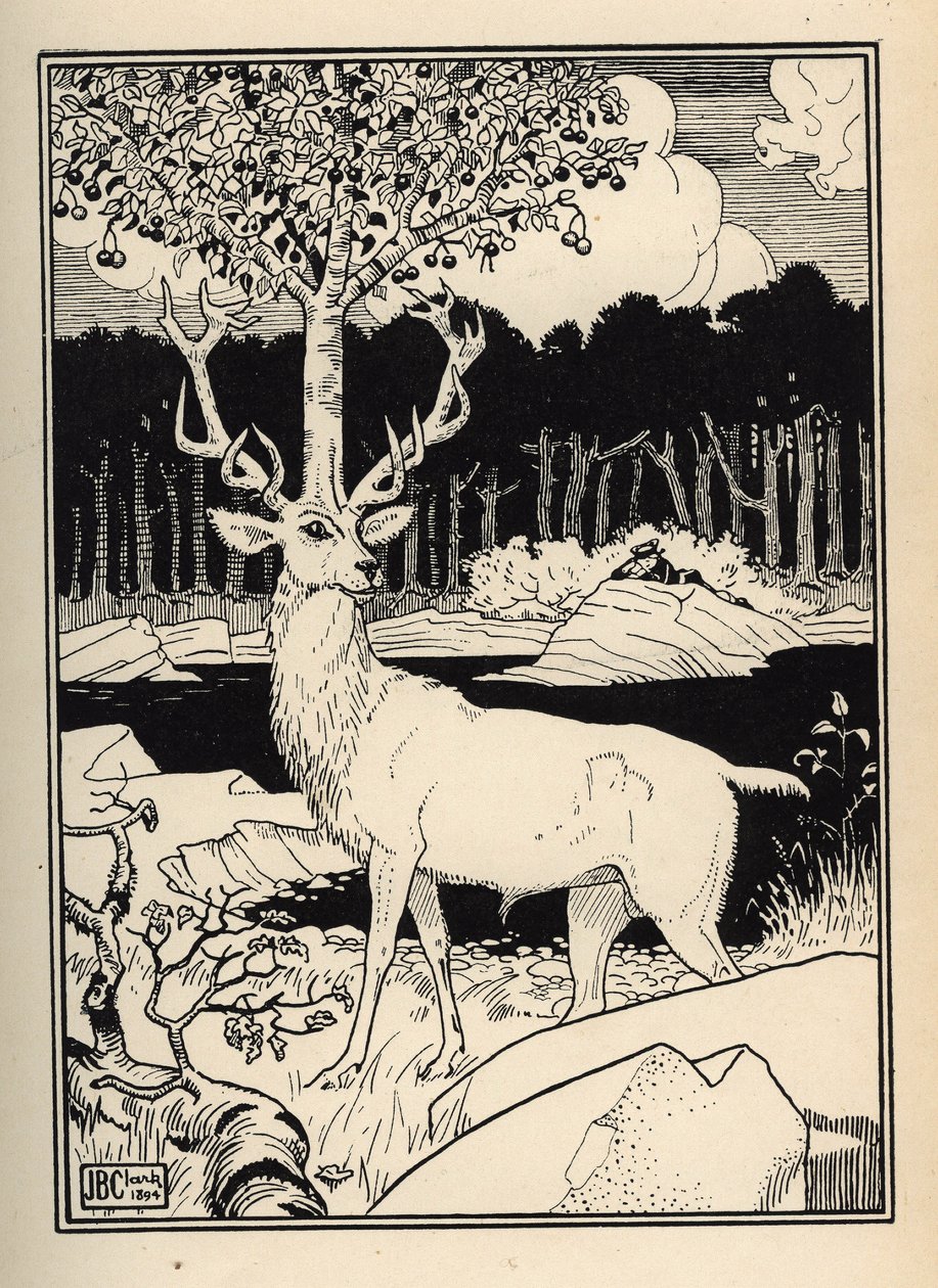 Ein Kirschbaum auf dem Kopf eines Hirsches, getroffen von den Kirschsteinen, die der Baron von Münchhausen schleuderte. Illustration von William Strang (1859-1921) und JB Clark aus „Die Abenteuer des Baron von Münchhausen“ von Rudolf Erich Raspe (1736-1794 von Unbekannt