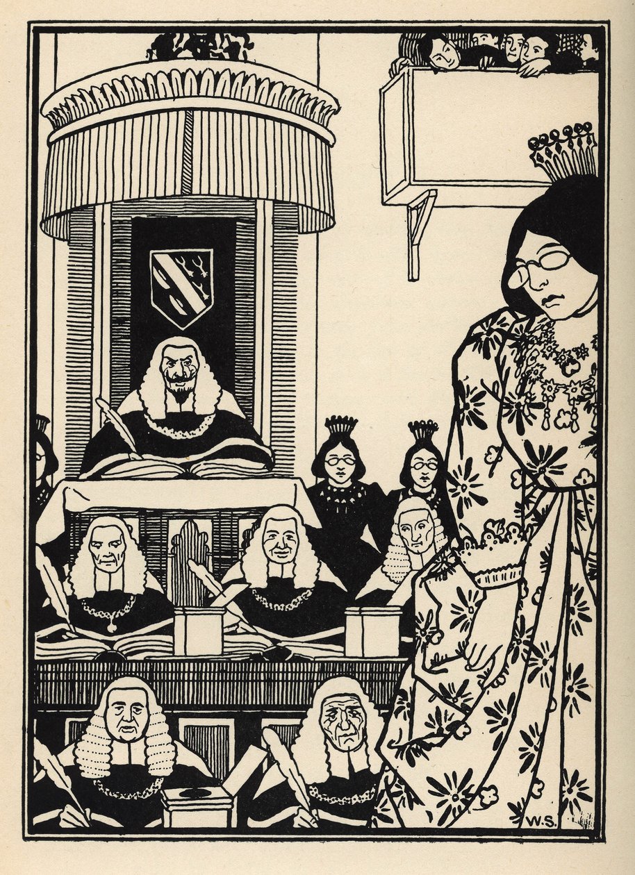 Ein überwiegend weiblicher Hof erscheint dem Baron als eine Ironie, die unter seinen Abenteuern erwähnenswert ist. Illustration von William Strang (1859-1921) und JB Clark aus „Die Abenteuer des Baron von Münchhausen“ von Rudolf Erich Raspe (1736-1794) (17 von Unbekannt