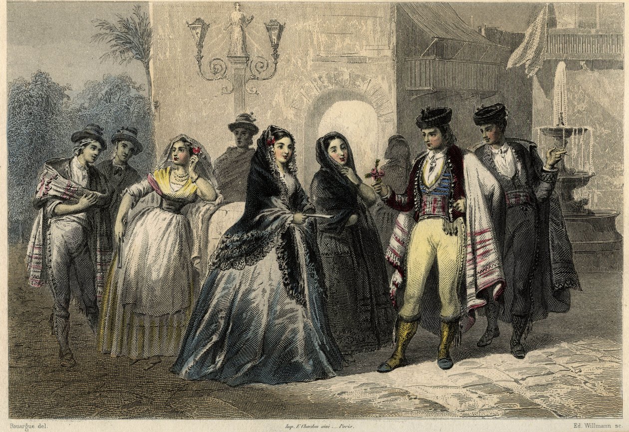 Eine galante Szene auf Mallorca (Mallorca, Mallorca), ein junger Mann bietet einem Mädchen eine Blume an. Im Buch über das Mittelmeer von Louis Enault (1824-1900), einem französischen Journalisten und Reisenden. von Unbekannter Künstler