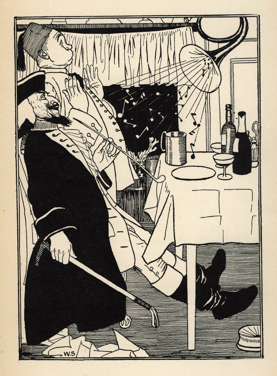 Eine Trompete, die eingefroren war, erzeugt von selbst Töne, wenn sie sich erwärmt, zur Belustigung und Verwunderung aller. Illustration von William Strang (1859-1921) und JB Clark aus „Die Abenteuer des Baron von Münchhausen“ von Rudolf Erich Raspe (1736- von Unbekannt