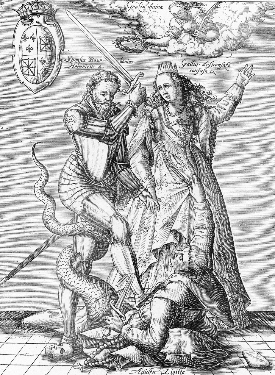 Allegorie auf den Tod der Katholischen Liga, dargestellt als Mönch mit Schlangenkörper, getötet vom König von Frankreich Heinrich IV. und Frankreich. Ende des 19. Jahrhunderts (Gravur aus „Museum-Criminal“ von Henri Varennes und Edgar Troimaux) von Unbekannter Künstler