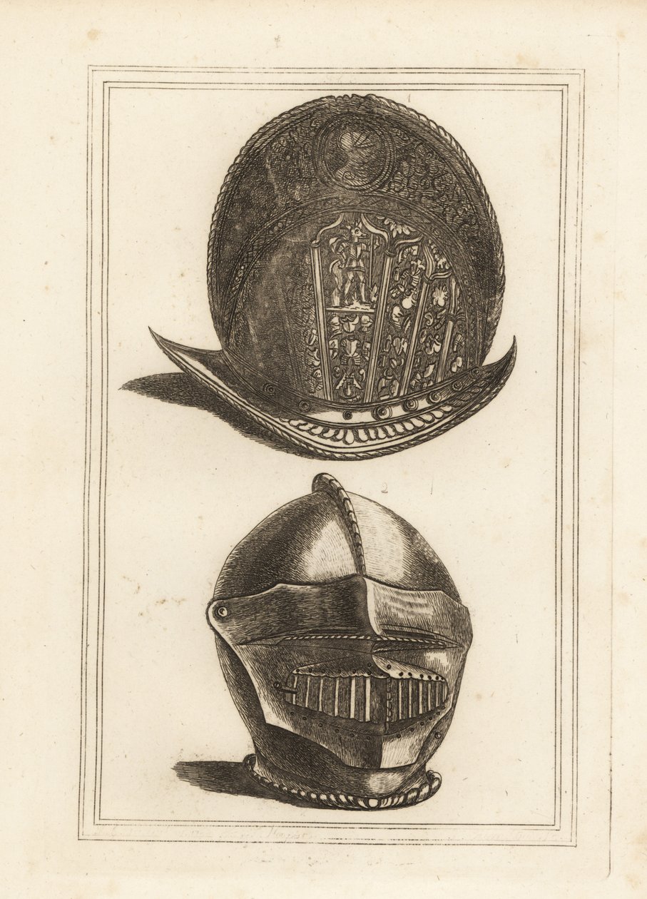 Antiker venezianischer Morionhelm verziert mit militärischen Trophäen und ein Burgonethelm mit einheitlichem Visier und Kinnschutz aus dem Tower of London von Unbekannt