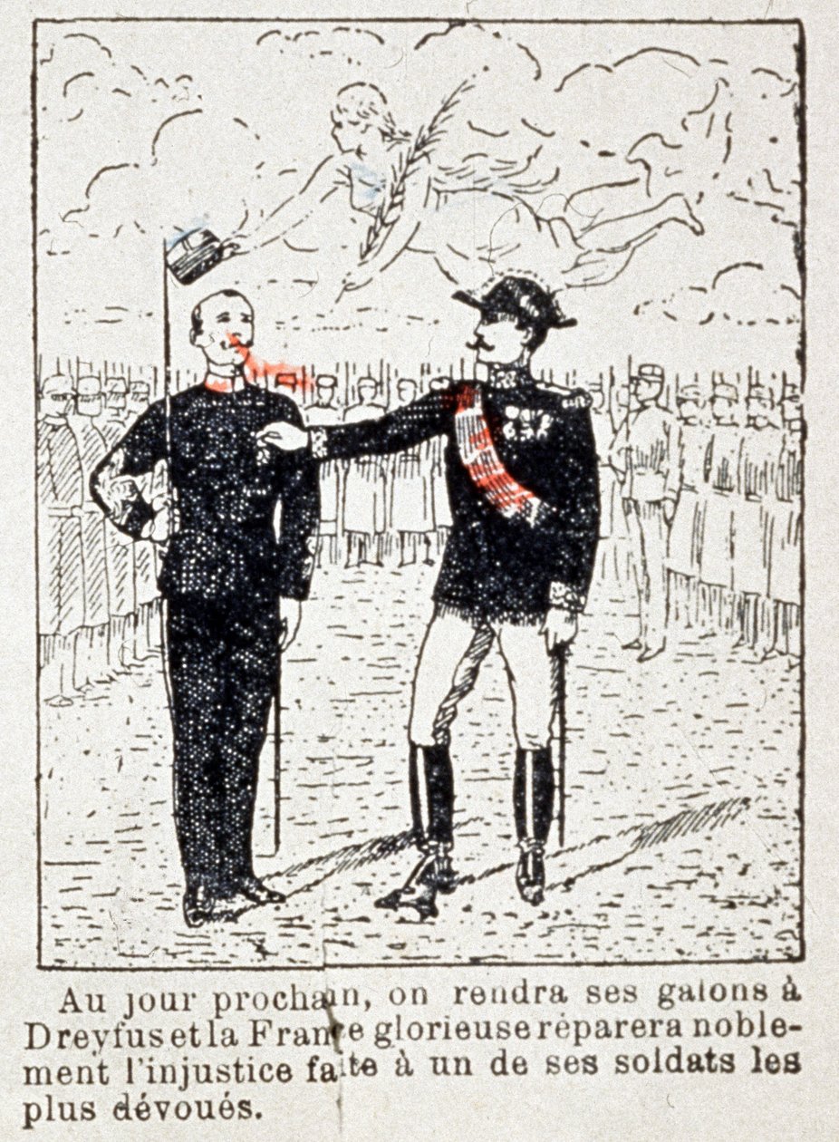 Armee verleiht Kapitän Dreyfus Streifen, ca. 1906 (Zeichnung) von Unbekannter Künstler