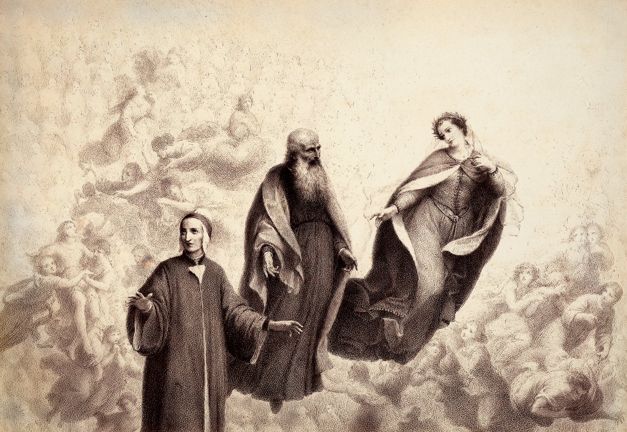 Beatrice entfernt sich von Dante, und an seiner Seite erscheint St. Bernhard. Illustration von Canto XXXI in Paradiso der Göttlichen Komödie von Dante Alighieri. Werk von Francesco Scaramuzza, gewidmet der Gemeinde Florenz von Unbekannter Künstler