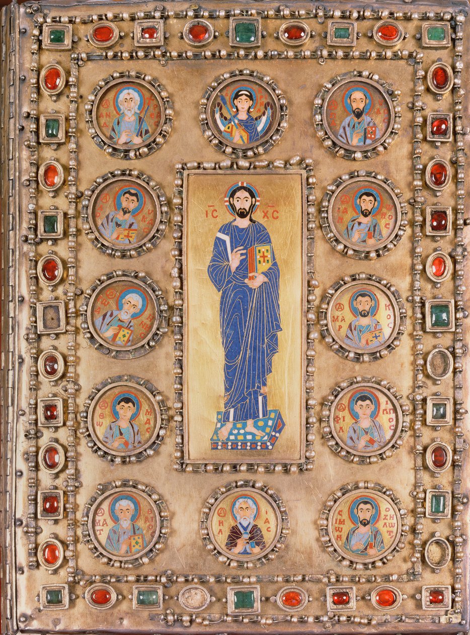 Buchdeckel mit Darstellung von Christus, der segnet, mit Rundbildern von Heiligen von Unbekannt