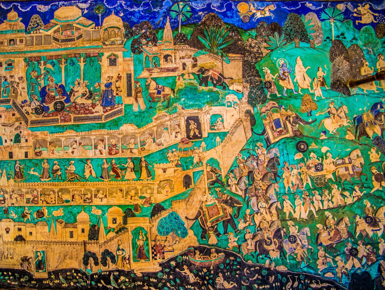 Chittra Shala Innenhof mit virtuosen feinen Gemälden, Taragarh Fort, Bundi, Rajasthan, Indien, Asien von Unbekannter Künstler