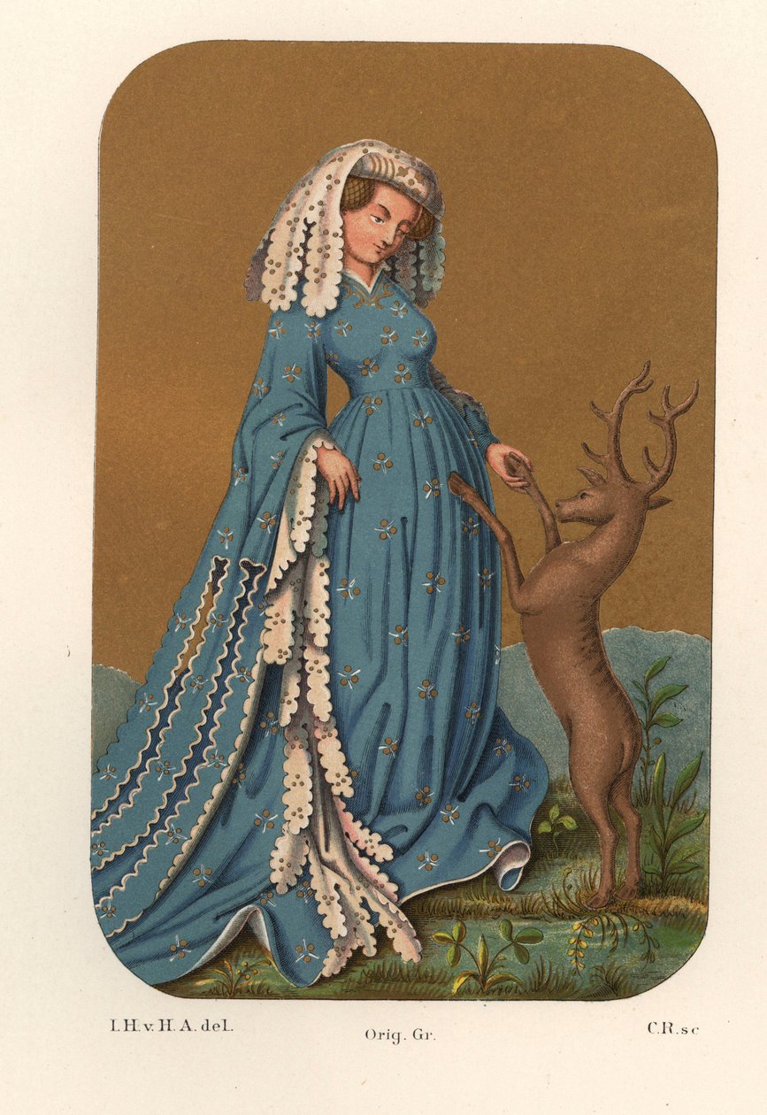 Kostüm einer edlen Dame aus dem Anfang des 15. Jahrhunderts, sie trägt einen langen Kopfschmuck und ein langärmliges Kleid, spielt mit einem Reh - Von einer Spielkarte aus der Königlichen Bibliothek von Stuttgart (Deutschland) - Chromolithographie, Zeichnu von Unbekannter Künstler