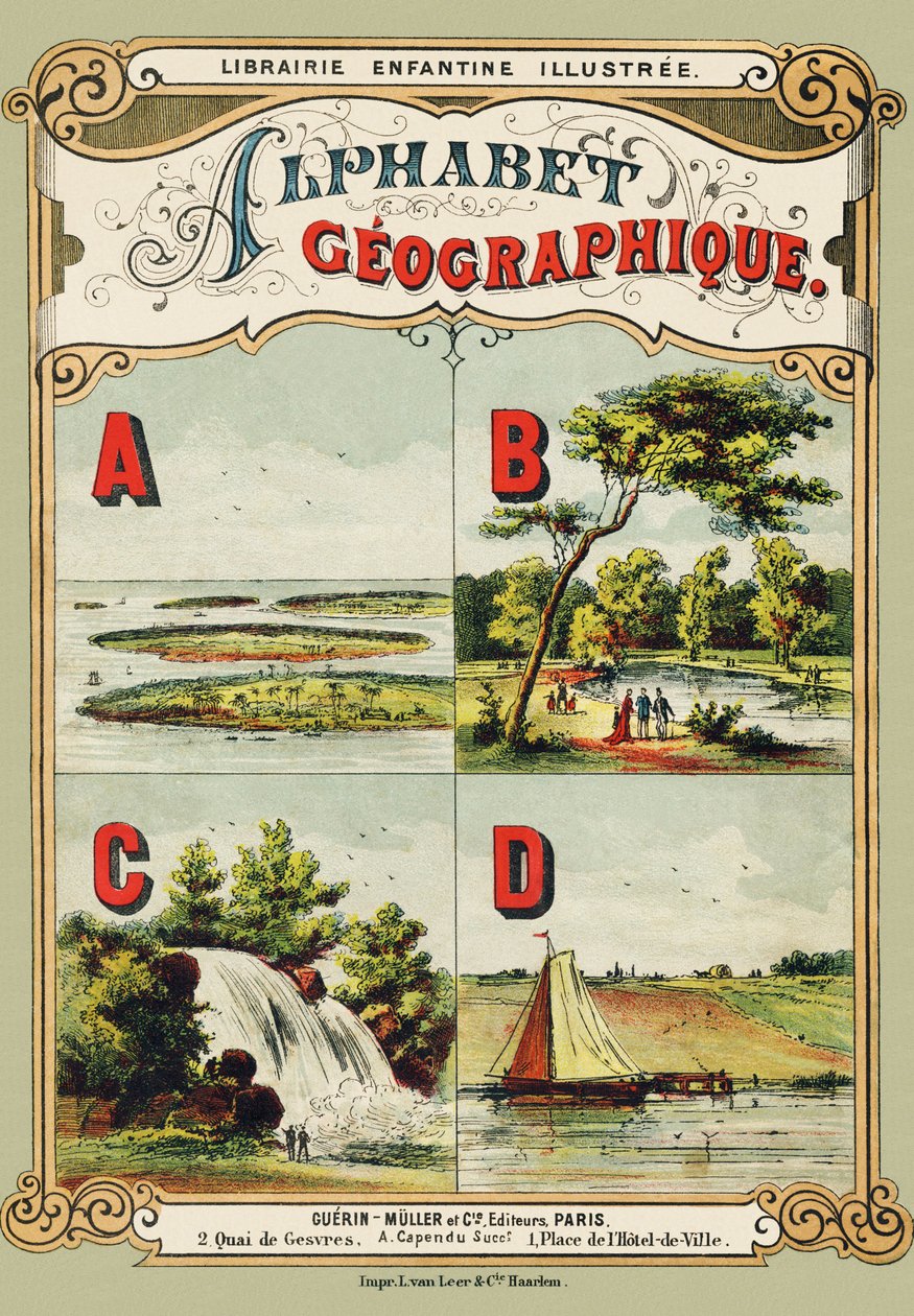 Deckblatt: A: Archipel, B: Bois de Boulogne, C: Wasserfall, D: Deich - Gravur aus Alphabet geographique. Guerin-Muller et Cie, Verleger, Paris von Unbekannt