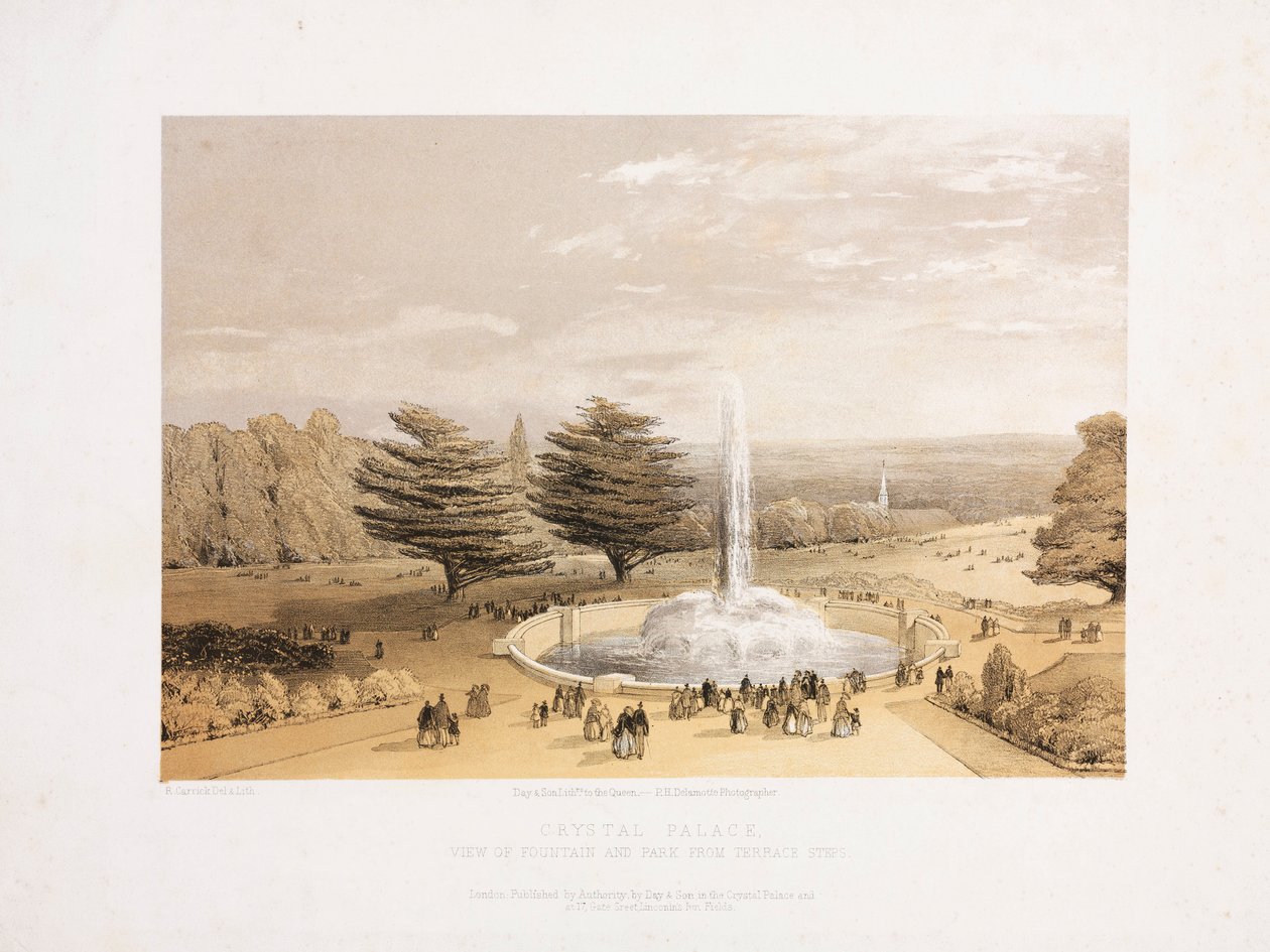 Kristallpalast, nach der Großen Ausstellung Der Brunnen und Park von den Terrassenstufen des Kristallpalastes, ca. 1855 von Unbekannt