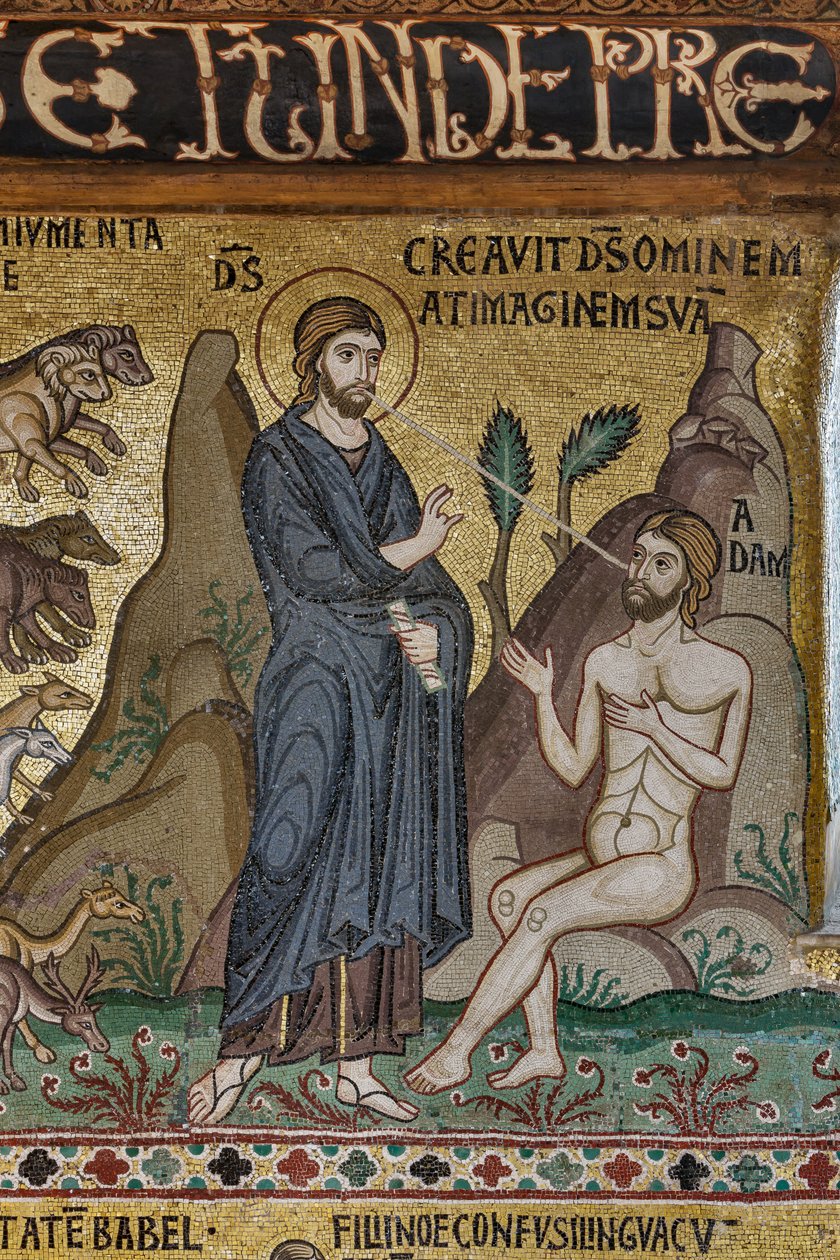 Zyklus der Mosaiken zum Alten Testament, Zyklus der Schöpfung: "Die Erschaffung Adams", 12. Jahrhundert, Die Palatinkapelle, Der Königspalast oder Palazzo dei Normanni (Palast der Normannen), Palermo, Sizilien, Italien von Unbekannter Künstler