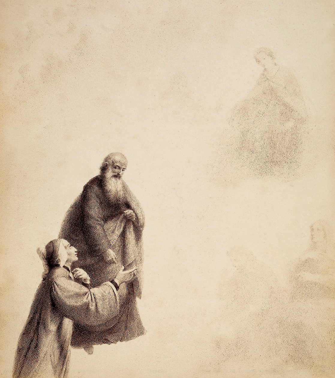 Dante, unterstützt von St. Bernhard, sieht Beatrice auf einem Thron unter den Seligen in einem Lichtschein sitzen. Illustration von Canto XXXI in Paradiso der Göttlichen Komödie von Dante Alighieri. Werk von Francesco Scaramuzza, gewidmet der Gemeinde Flor von Unbekannter Künstler