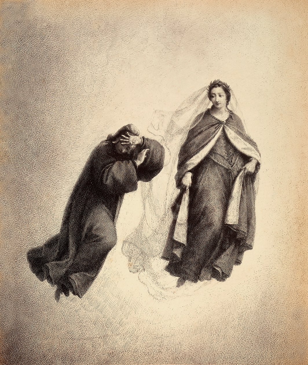 Dante bedeckt sein Gesicht mit den Händen, überwältigt von Beatrices Blick, so voller göttlicher Liebe. Illustration des Canto IV des Paradiso der Göttlichen Komödie von Dante Alighieri. Werk von Franceso Scaramuzza, gewidmet der Gemeinde Florenz. von Unbekannter Künstler