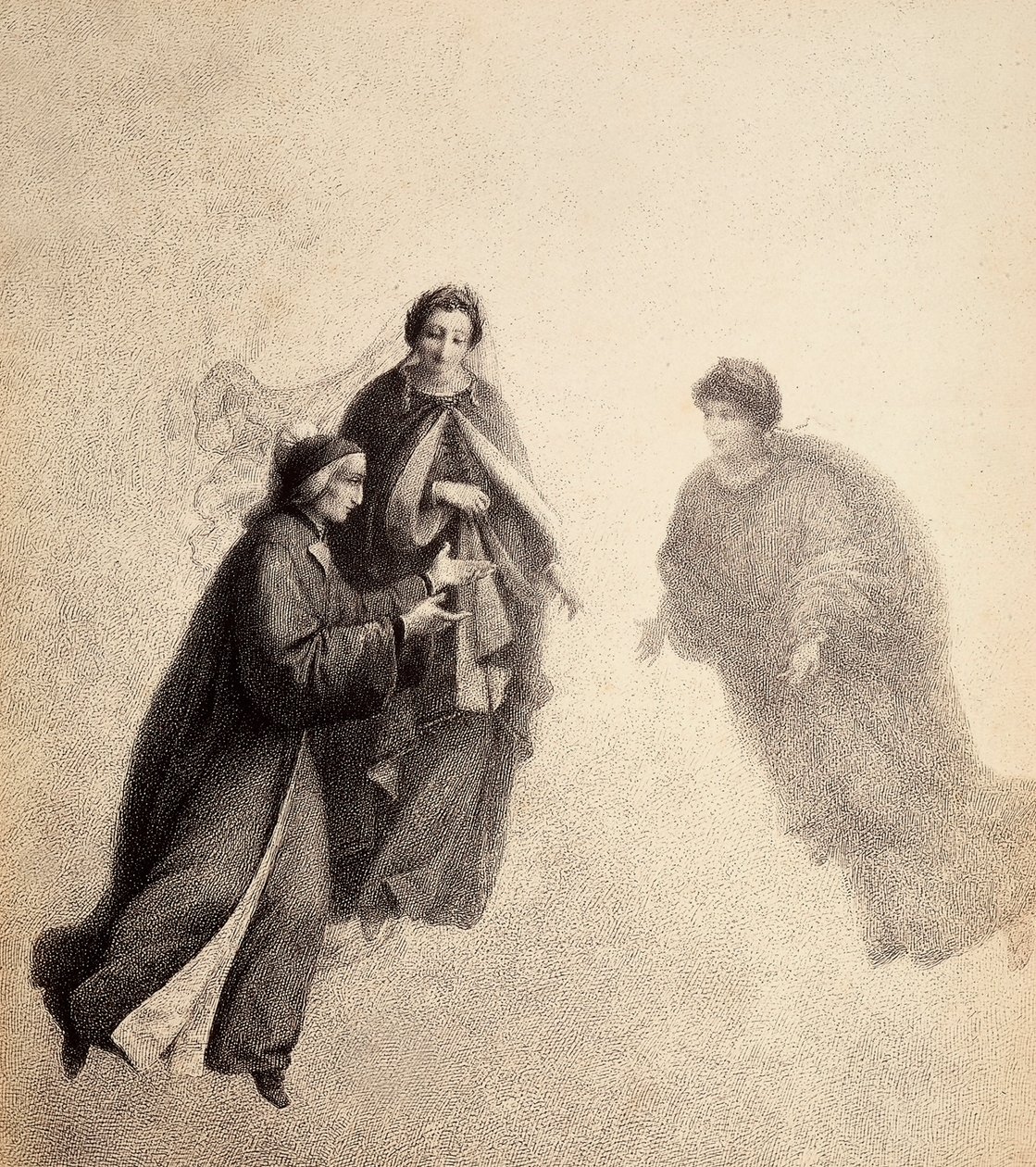 Dante, von Beatrice gedrängt, spricht mit einem frommen Geist. Illustration von Canto V in Paradiso der Göttlichen Komödie von Dante Alighieri. Werk von Francesco Scaramuzza, gewidmet der Gemeinde Florenz. von Unbekannter Künstler