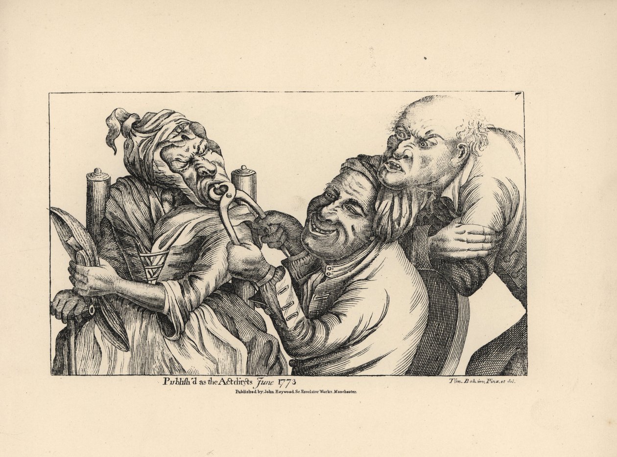 Zahnarzt lacht, während er mit einer Zange einen schlechten Zahn aus dem Mund einer alten Frau zieht. Kupferstich nach einer satirischen Illustration von Timothy Bobbin (John Collier) aus Human Passions Delineated, John Haywood, Manchester. von Unbekannter Künstler