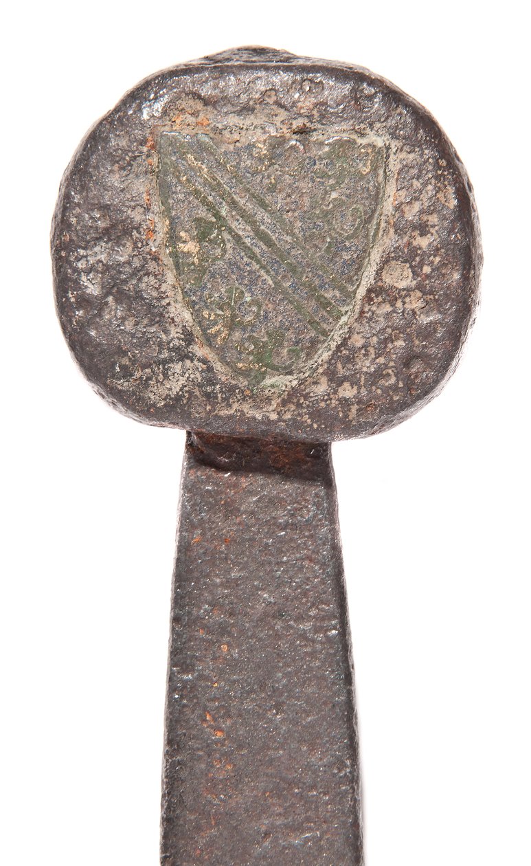 Detail, spätmittelalterliches Breitschwert mit früherer Wikingerklinge und Wappen der Familie De Bohun von Unbekannt