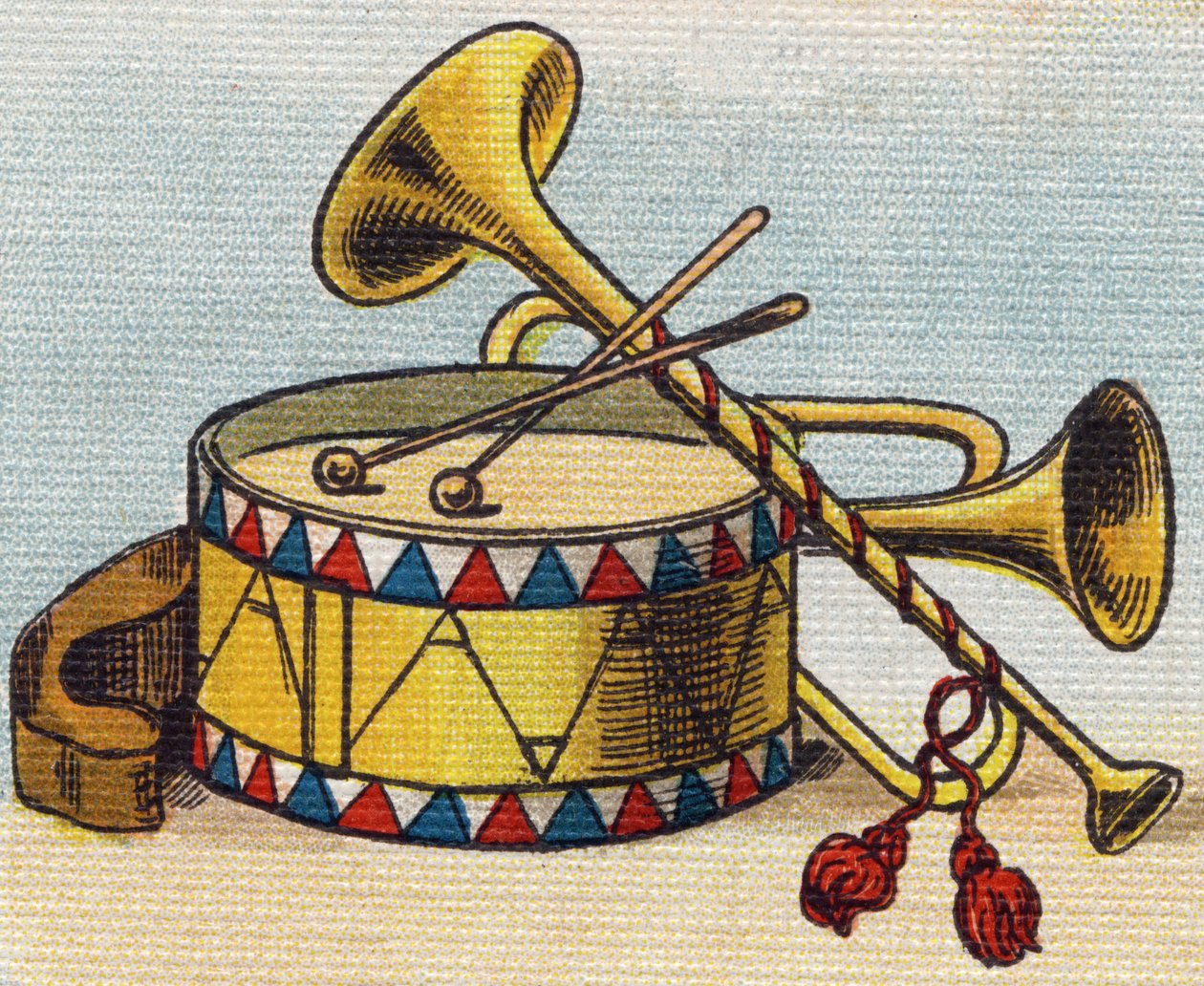 Trommel und Trompete. Gravur in "Alphabet de ma petite fille". Bernardin-Bechet und Fils, Buchhändler-Verleger, Paris, um 1895. Unzerbrechliches Album auf Leinwand. Bibliotheque des Bebes. 12 Seiten. Album mit einer Lesemethode und einem illustrierten Abec von Unbekannt