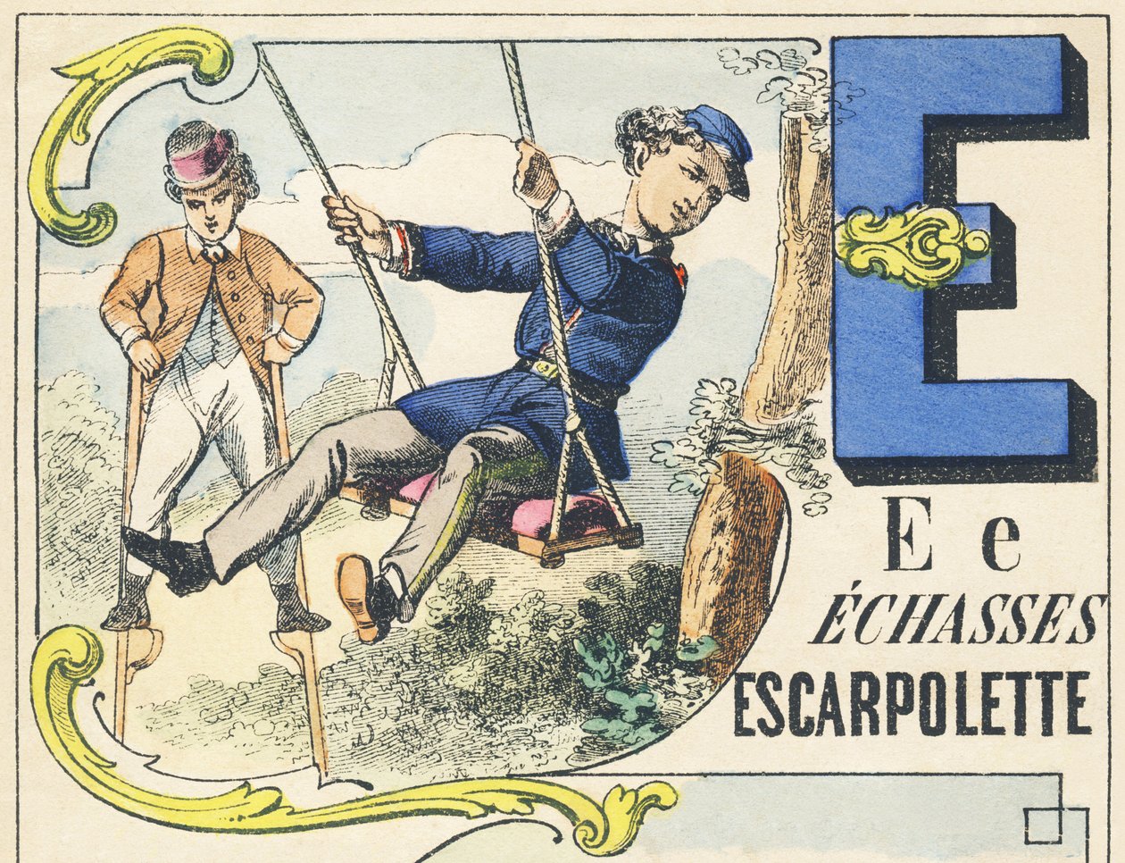 E: echasses, escarpolette - Spiele Alphabet, ca. 1890 von Unbekannt