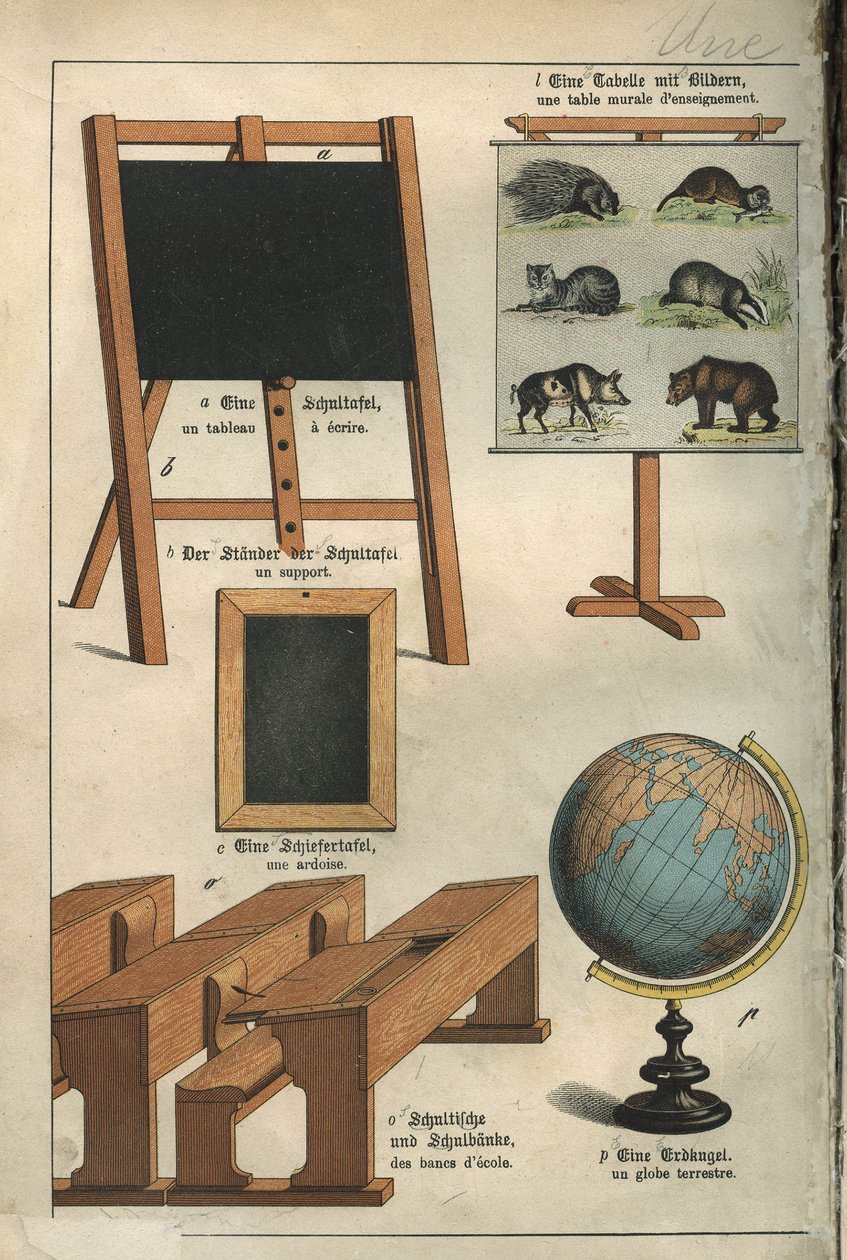 Bildung: das Gemälde, die Wandtafel, die Bänke, die Schiefertafel, der Globus der Schule. Tafel aus einem deutsch-französischen Kinderwörterbuch von Unbekannt