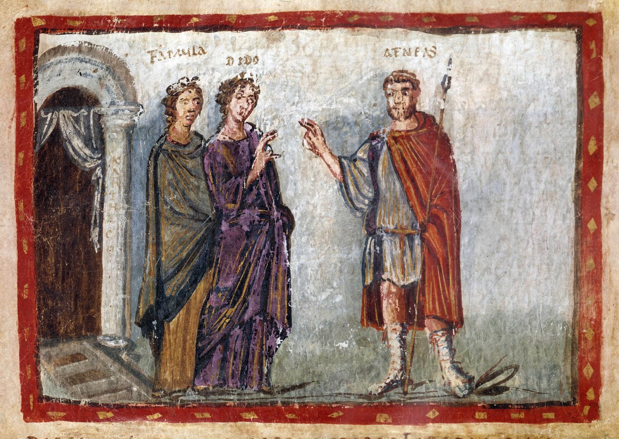 Episode aus Vergils Aeneis (70-19 v. Chr.): Darstellung von Aeneas und Dido. Dido versucht, Aeneas zurückzuhalten. Dido wird in Verzweiflung Selbstmord begehen. Miniatur aus 