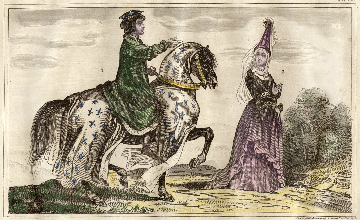 Französischer König Karl IV. (1322) und Jeanne de Flandre (1295-1374), Gräfin von Montfort (1340), Gravur von Rebel von Unbekannt
