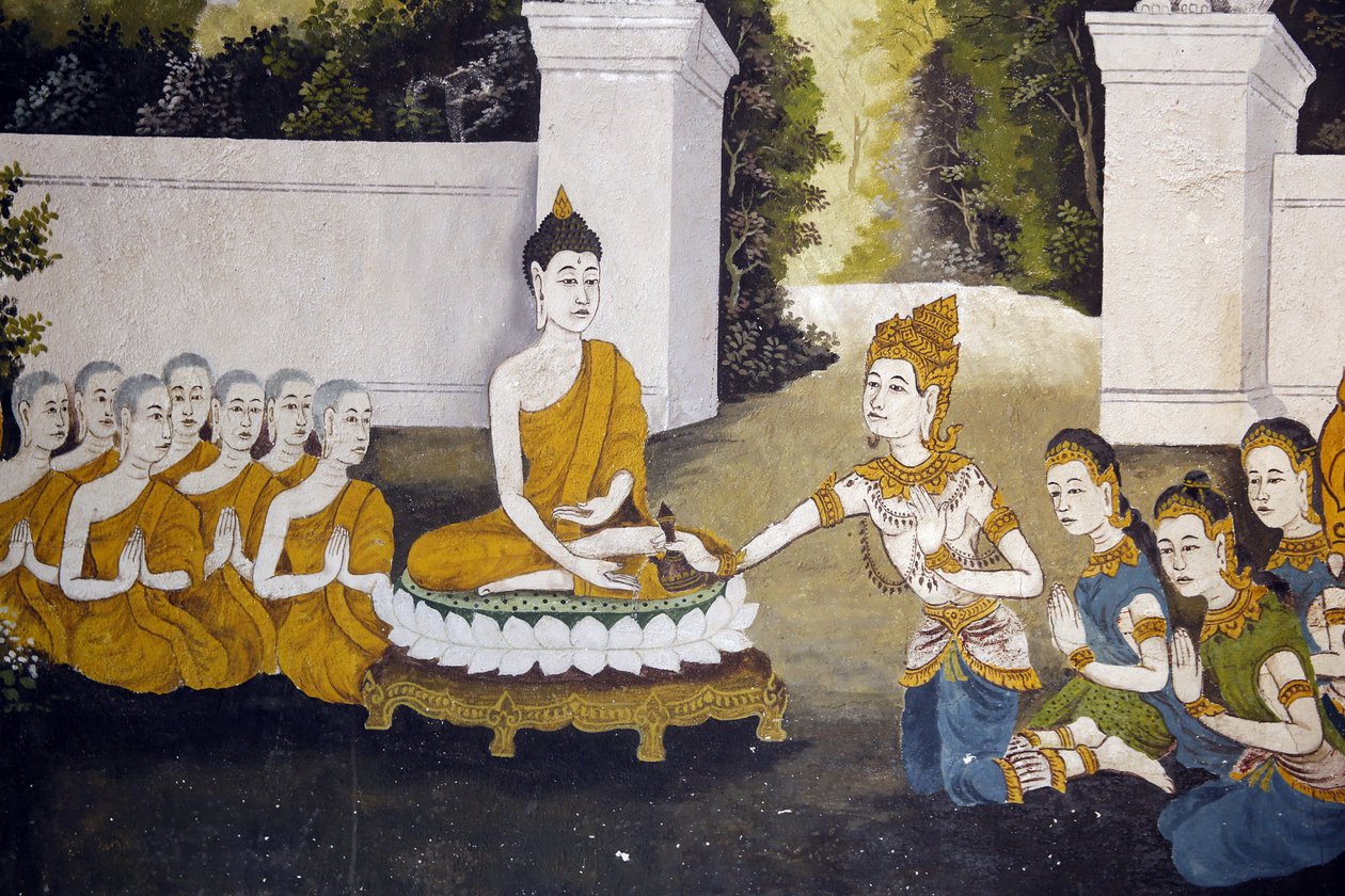 Fresko, das eine Szene aus dem Leben des Buddha darstellt, im Wat Phra Doi Suthep, Chiang Mai. Buddha empfängt Almosen. Thailand von Unbekannt