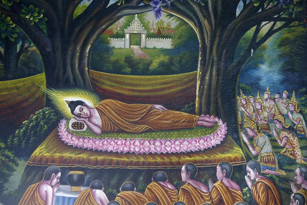 Fresko, das den Eintritt des Buddha ins Nirvana darstellt, im Wat Chiang Mun, Chiang Mai. Eintritt des Buddha ins Parinirvana. Thailand von Unbekannt