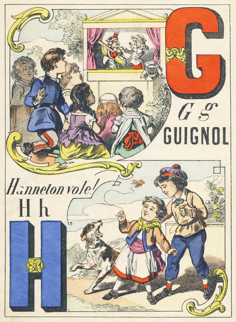 G H : Guignol, Hanneton fliegt! - Spiele-Alphabet, ca. 1890 (Illustration) von Unbekannt