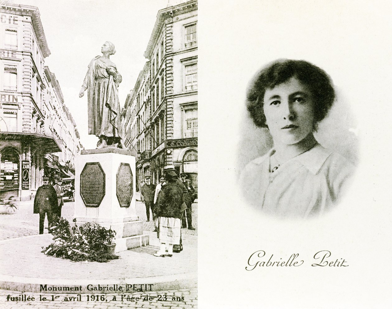 Gabrielle Petit und das ihr zu Ehren errichtete Denkmal in Brüssel, Gedenkkarten, ca. 1925 (Lithografie) von Unbekannter Künstler