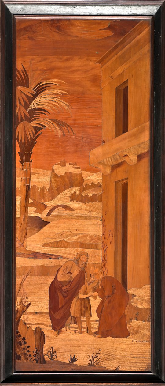 Genua, Duomo (St. Laurentius Kathedrale), innen, Apsis, Chor, Nordseite: "St. Johannes der Täufer verabschiedet sich von seiner Familie", Holzintarsie von Vincenzo und Tommaso Garassino (19. Jahrhundert) von Unbekannter Künstler