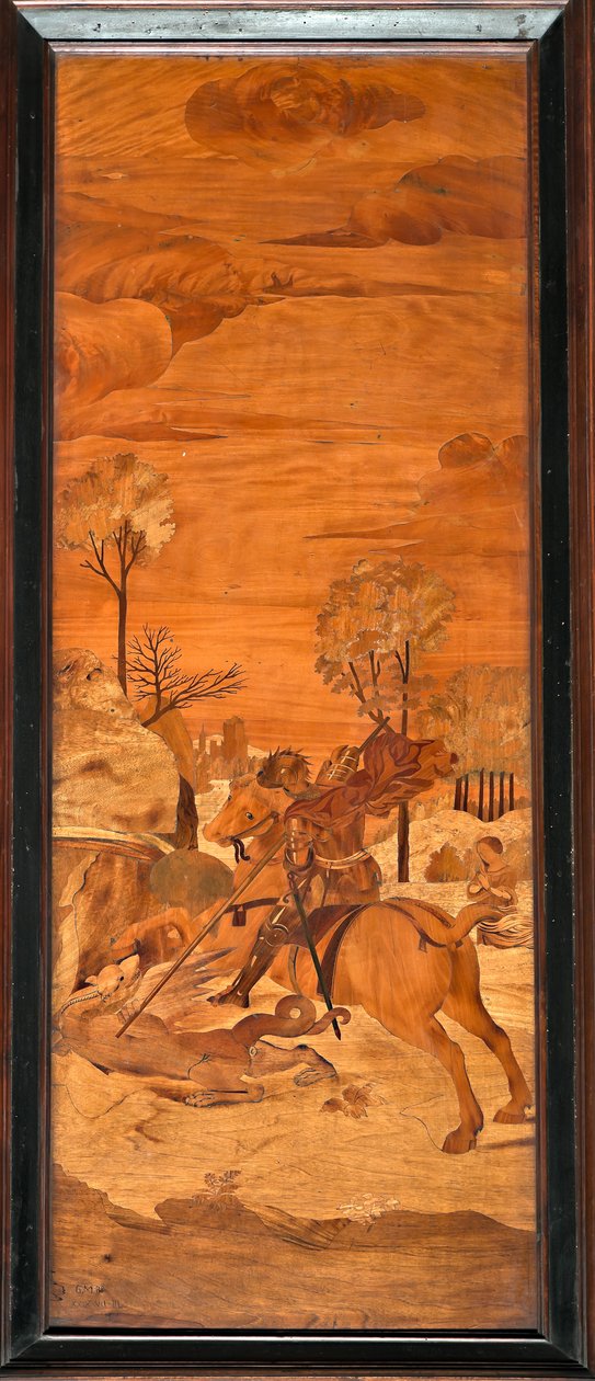Genua, Duomo (St. Laurentius Kathedrale), innen, Apsis, Chor, Südseite: "St. Georg und der Drache", Holzintarsie von Vincenzo und Tommaso Garassino (19. Jahrhundert) von Unbekannter Künstler