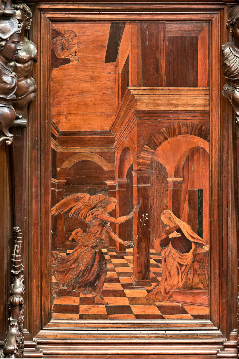 Genua, Duomo (St. Laurentius-Kathedrale), innen, Presbyterium, Apsis, Chor, Südseite: "Verkündigung", Holzeinlegearbeit von Gian Michele De