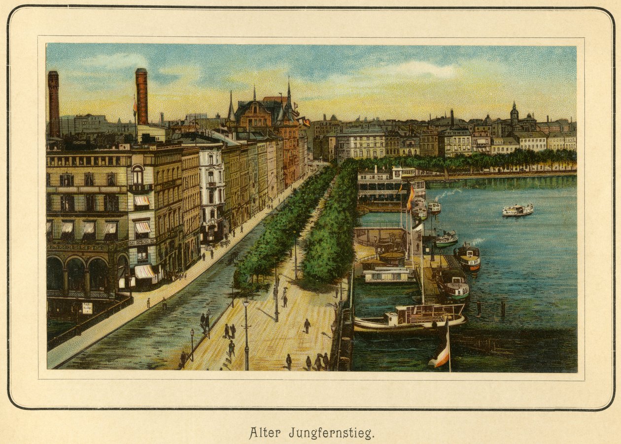 Deutschland, Hamburg, Alter Jungfernstieg, nahe dem Alstersee, Illustration aus: „Ansichten-Album Hamburg“, veröffentlicht von C. Schneider, Berlin NW, ca. 1890 (Lithographie) von Unbekannter Künstler