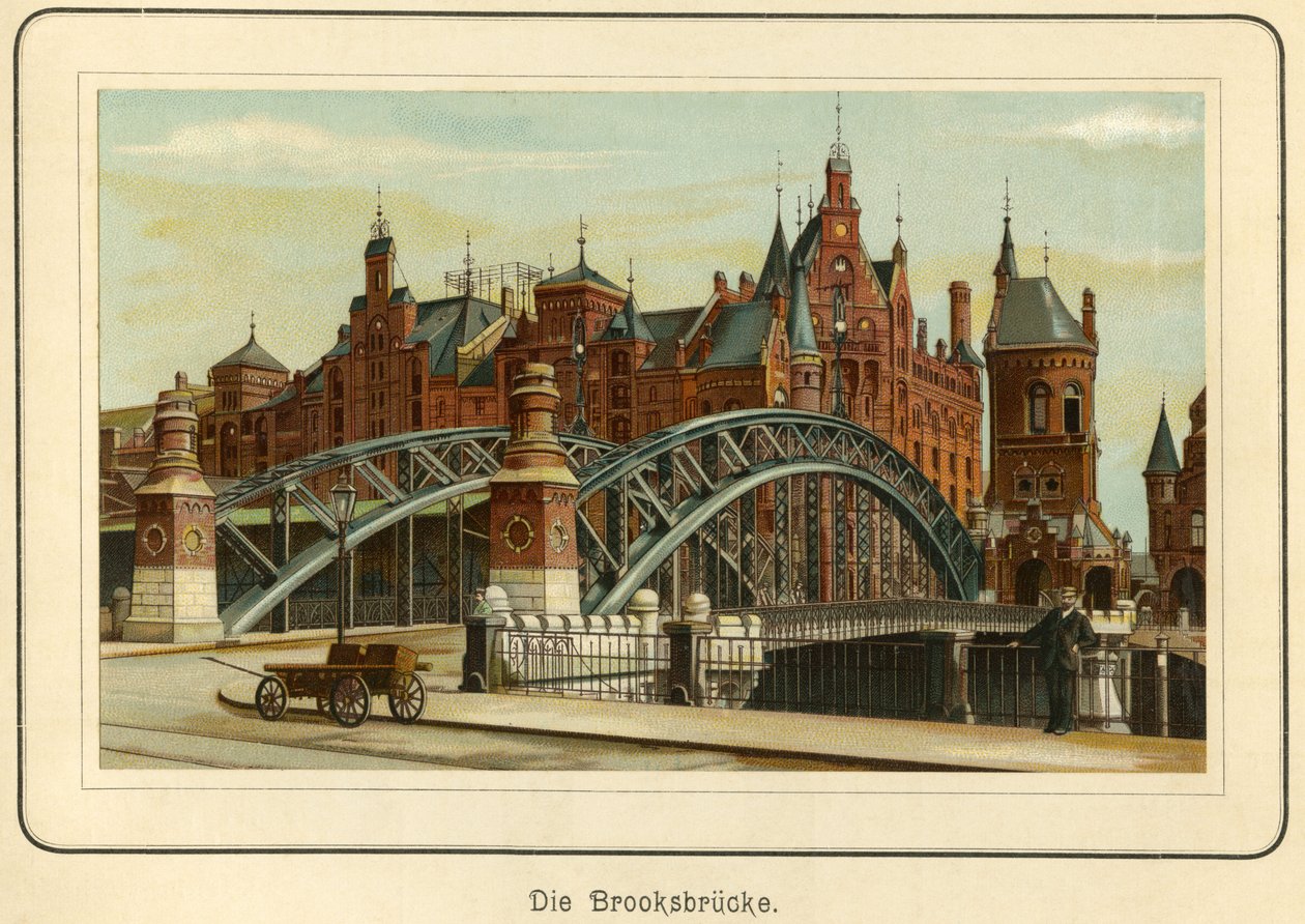 Deutschland, Hamburg, die „Brooksbrücke“ und im Hintergrund die Speicherstadt, ca. 1890 (Lithographie) von Unbekannter Künstler