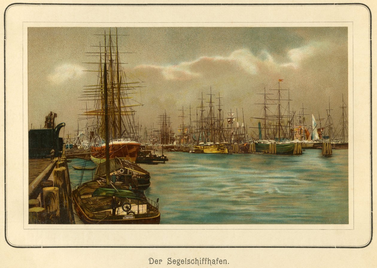 Deutschland, Hamburg, der Hafen für Segelschiffe, Lithographie aus: „Ansichten-Album Hamburg“ (Ansichten von Hamburg), veröffentlicht von C. Schneider, Berlin NW, ca. 1890 (Lithographie) von Unbekannter Künstler