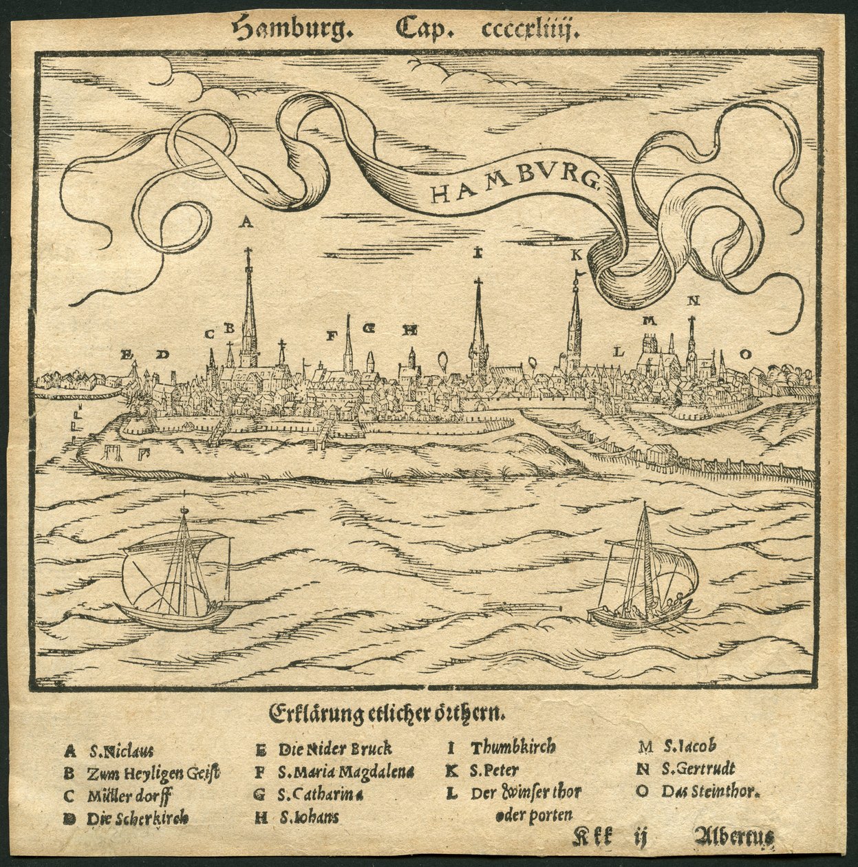 Deutschland, Hamburg, Blick auf die Stadt, im Vordergrund der Fluss Elbe, Illustration aus der Cosmographia von Sebastian Münster, ca. 1570 (Gravur) von Unbekannter Künstler