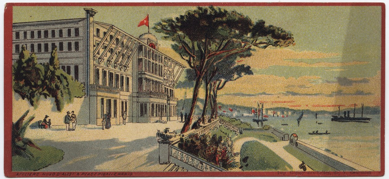 Große Hotels: Außenansicht des Therapia-Sommerpalastes in Konstantinopel in der Türkei - Karte einer Serie, die die Hotels der „Compagnie Internationale des Grands Hotels“ präsentiert, Ende 19. Anfang 20. Jahrhundert von William M. Timlin