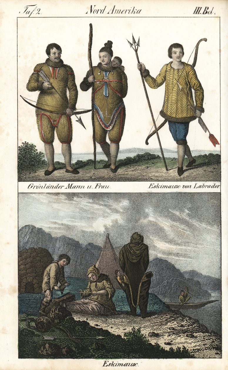 Grönländer in Fellen und ein Inuit aus Labrador (Kanada) mit einem Dreizack. Unten eine Alltagsszene des Inuit-Familienlebens vor einem Iglu, einem Zelt und einem Kanu, Nordamerika. Lithographie aus dem Buch: „Galerie complète en tableaux fidèles des von Unbekannter Künstler