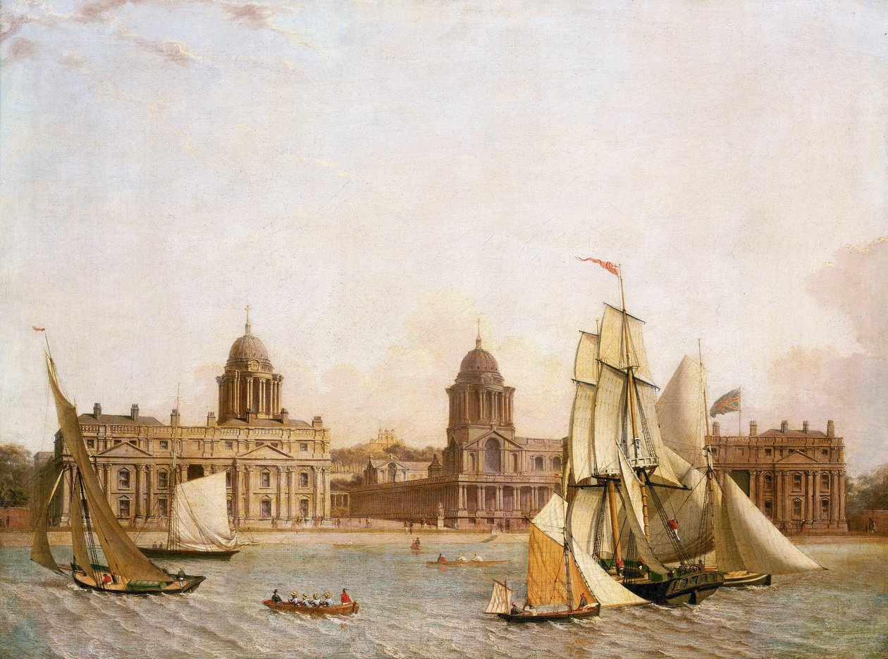 Greenwich Hospital (England), von Isle of Dogs (Nordufer der Themse), mit der Navigation einer Vielzahl von Booten auf dem Fluss, um 1830-1840 von Unbekannter Künstler